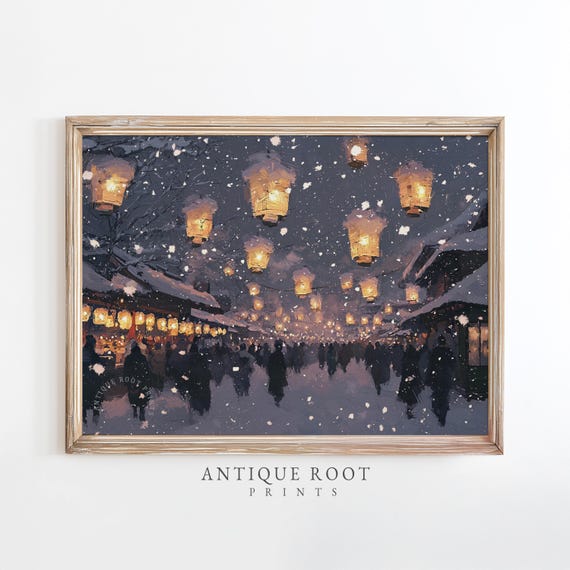 Snowy Winter Street Market Print Cozy Lanterns Wall Art Festive Vintage Night Scene Painterly Illustration