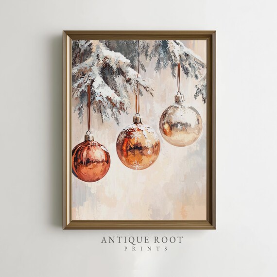Copper Christmas Baubles Snowy Fir Branches Elegant Holiday Art Print
