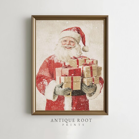 Santa Claus Carrying Wrapped Gifts Snowy Vintage Christmas Art Print