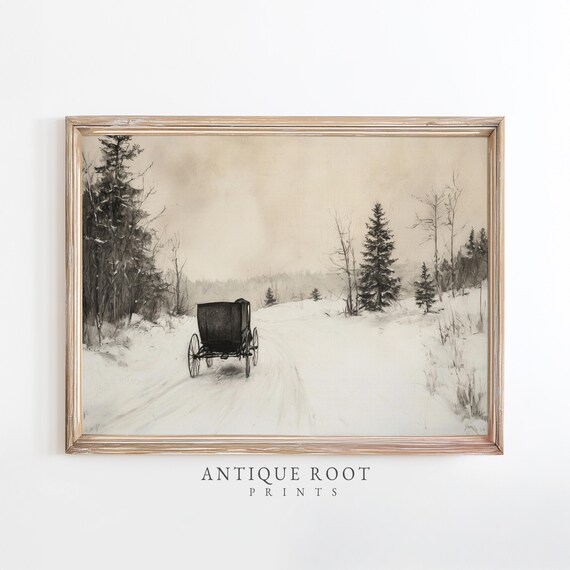 Winter Carriage Sketch Art Vintage Graphite Horsedrawn Artwork Moody Living Room Decor Rustic Charcoal 170