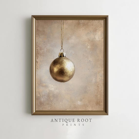 Golden Christmas Ornament Painting Festive Vintage Wall Art Elegant Minimalist Decor Instant 181