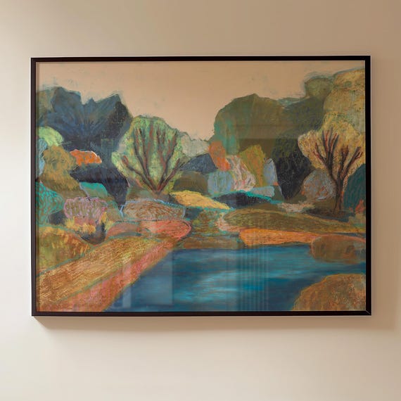Midcentury Modern River Swimming Hole Nature Scene Giclee Art Print Oil Pastel Trees Neutral Colors Wall Decor Boho Eclectic Original