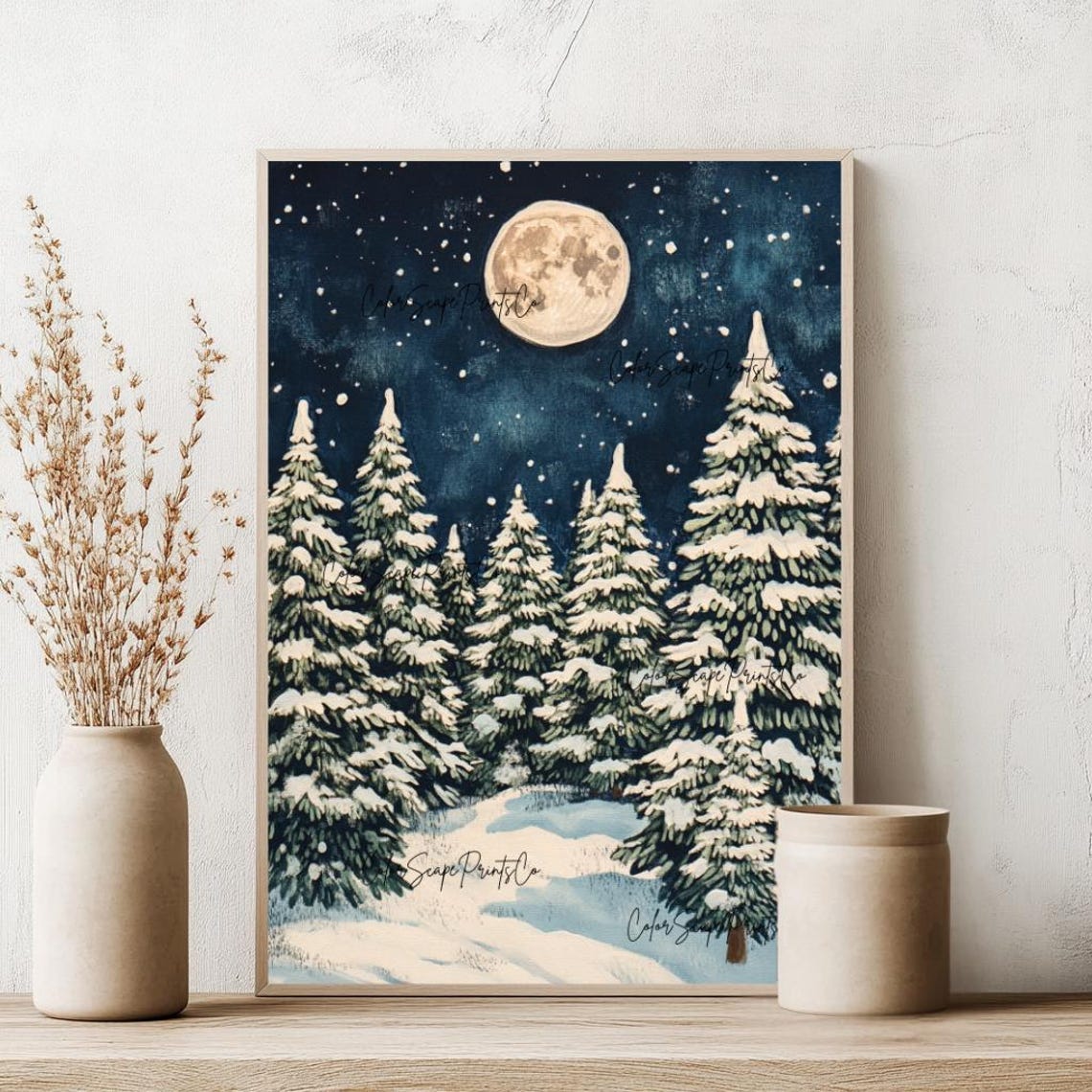 Snowy Evergreen Forest Under Full Moon Starry Night Painting Poster - Image 2