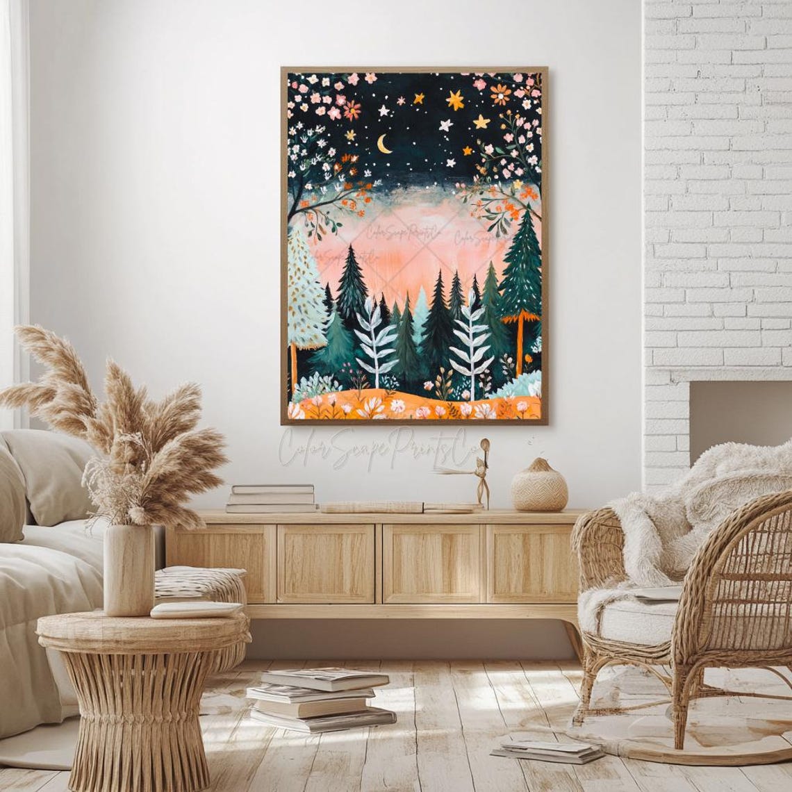 Moonlit Pine Forest Painting Crescent Moon Starry Night Wall Art - Image 3