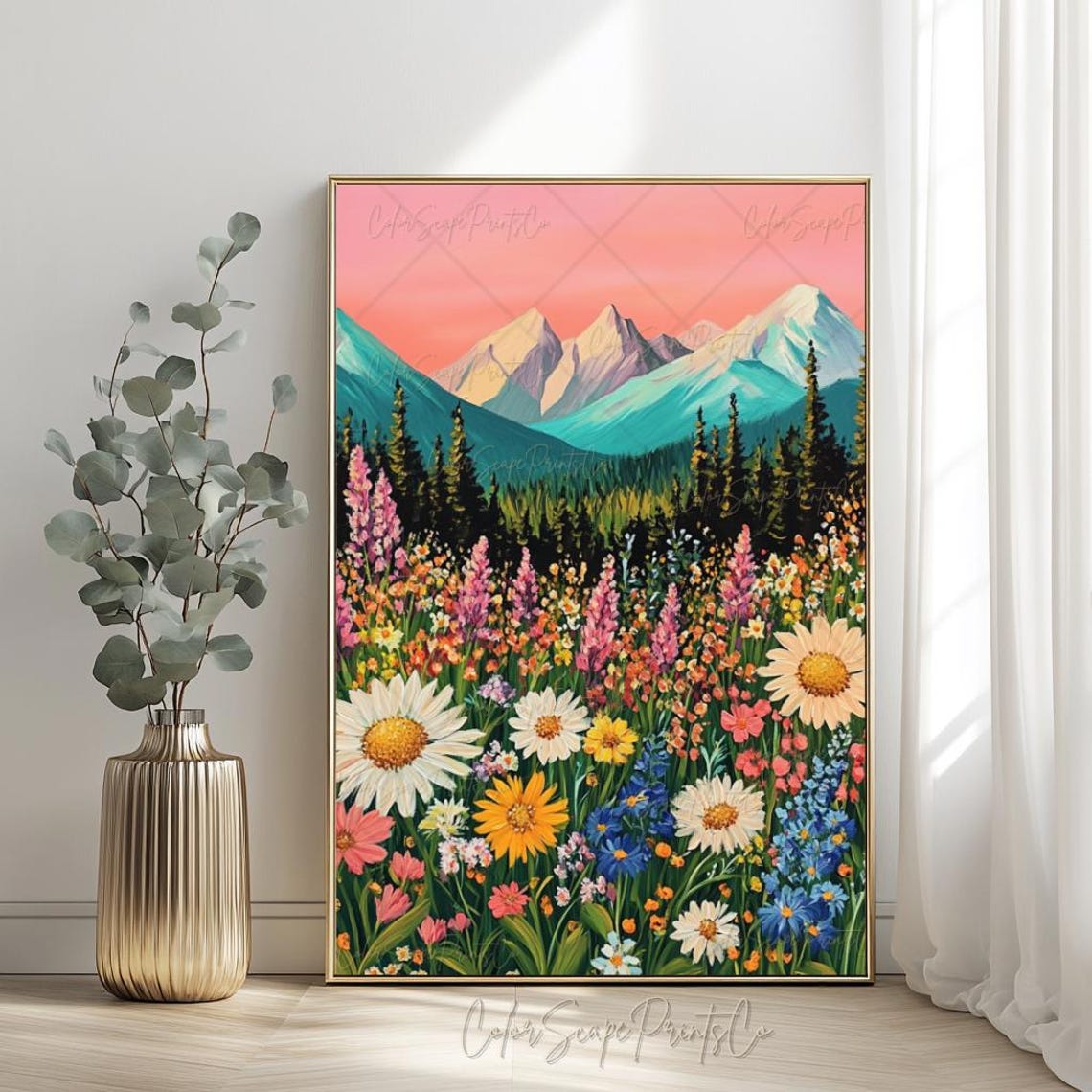 Wildflower Mountain Sunset Daisy Lupine Meadow Landscape Poster - Image 3