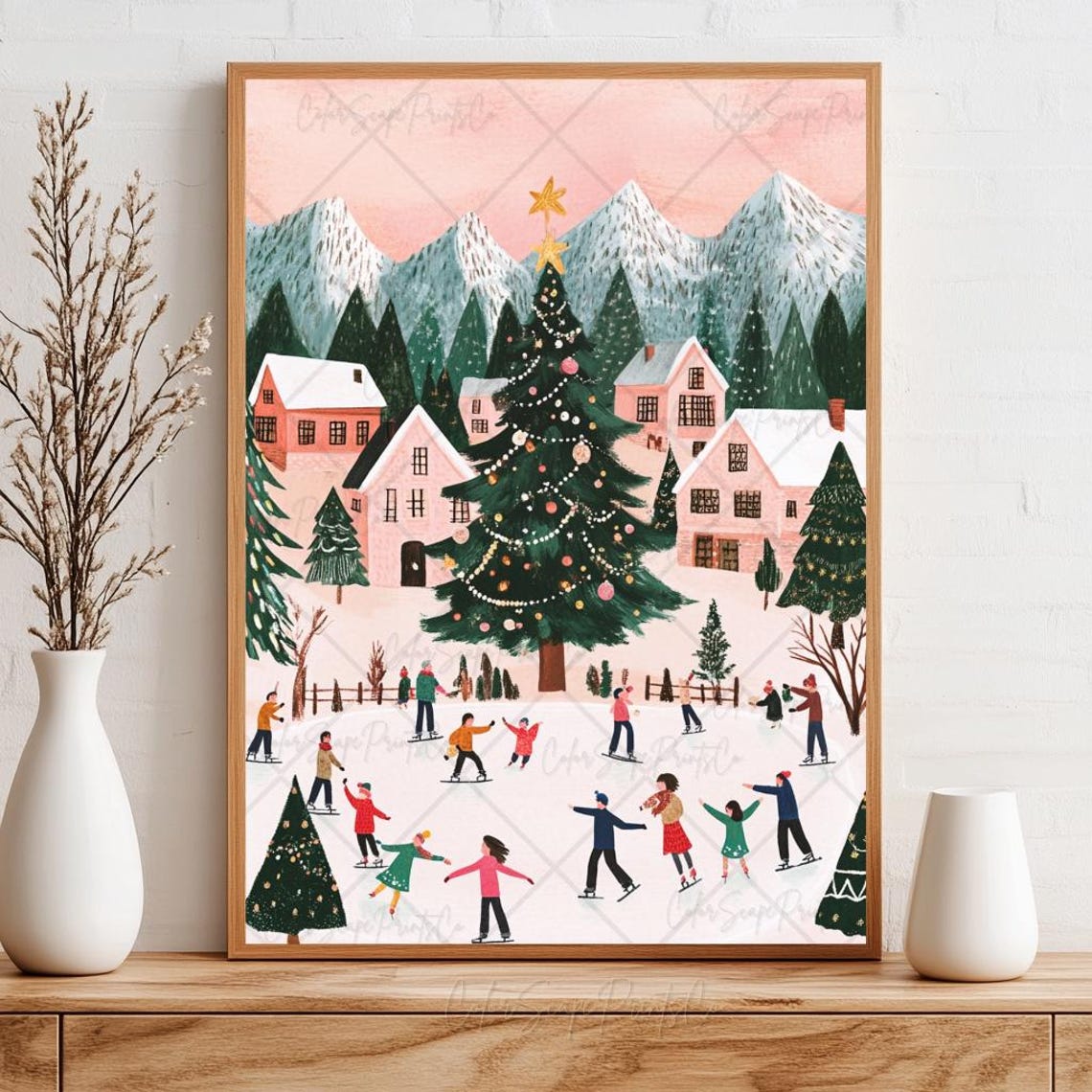 Ice Skating Print Winter Cityscape Painting Winter Wonderland Painting Christmas Village Print Pink House Art Decorated Christmas Tree Print - Image 2