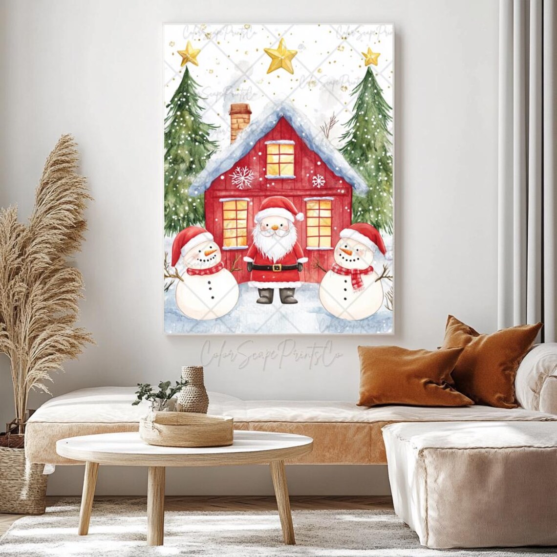 Santa Claus and Two Snowmen Red Cabin Christmas Morning Poster - Image 3
