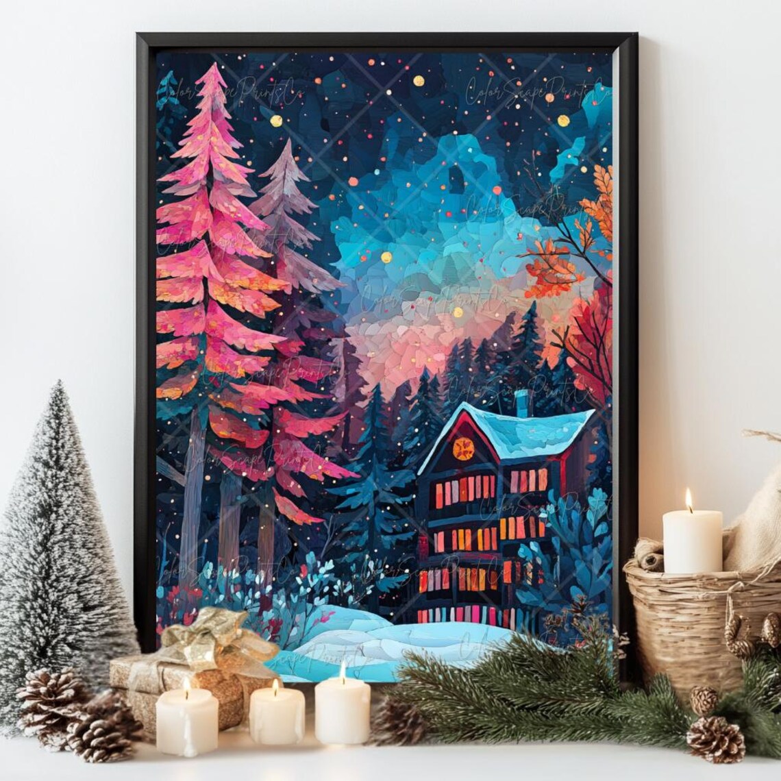 Warm Lit Cabin in Snowy Woods at Night Under Colorful Aurora Sky Poster - Image 3