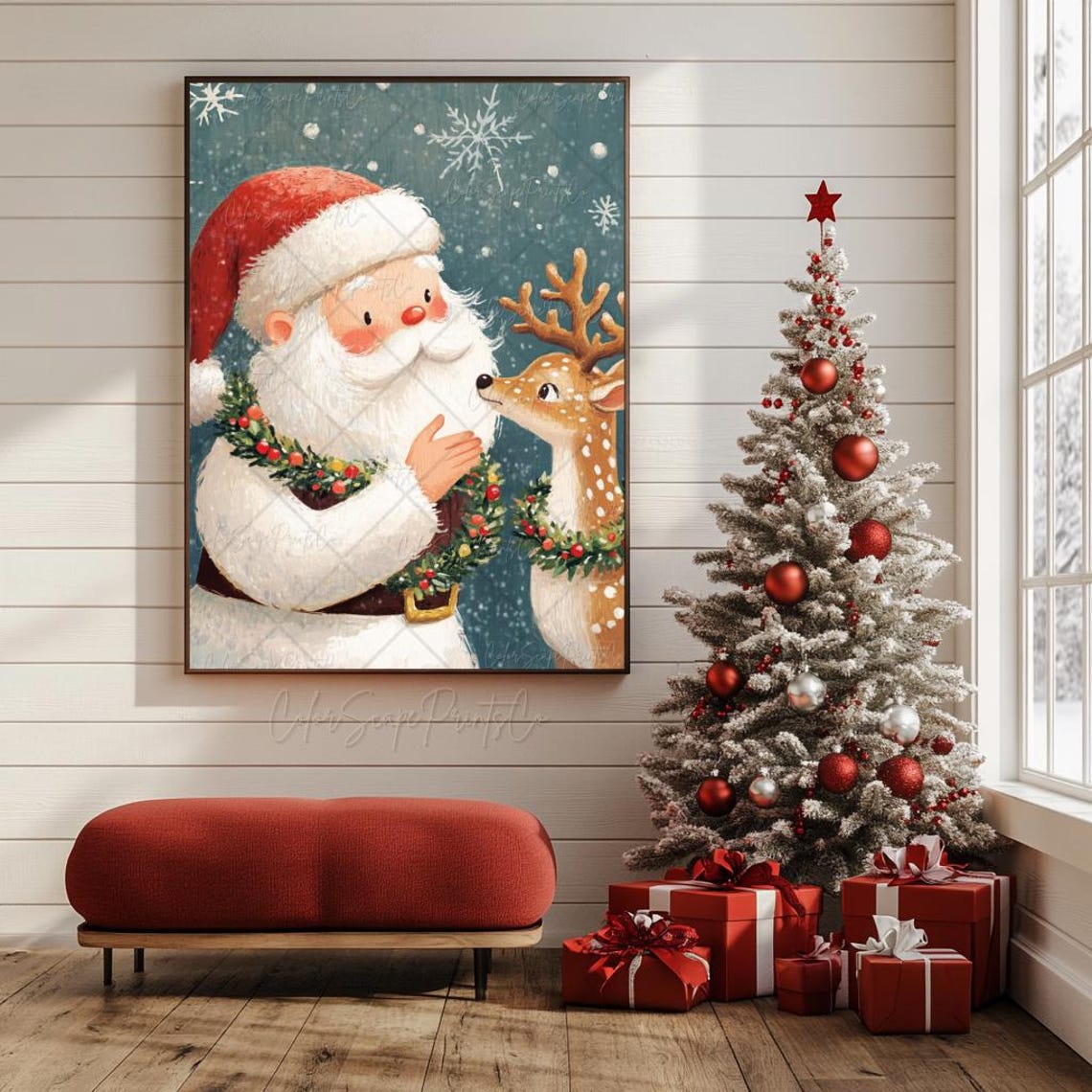 Santa Claus And Reindeer Painting Santa Claus Painting Reindeer Print Christmas Animal Print Santa Petting Reindeer Colorful Christmas Print - Image 4