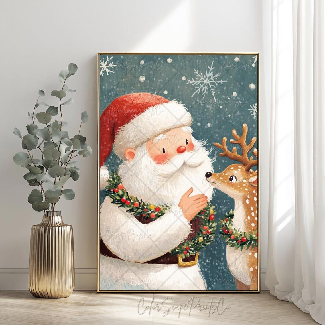 Santa Claus And Reindeer Painting Santa Claus Painting Reindeer Print Christmas Animal Print Santa Petting Reindeer Colorful Christmas Print - Image 3