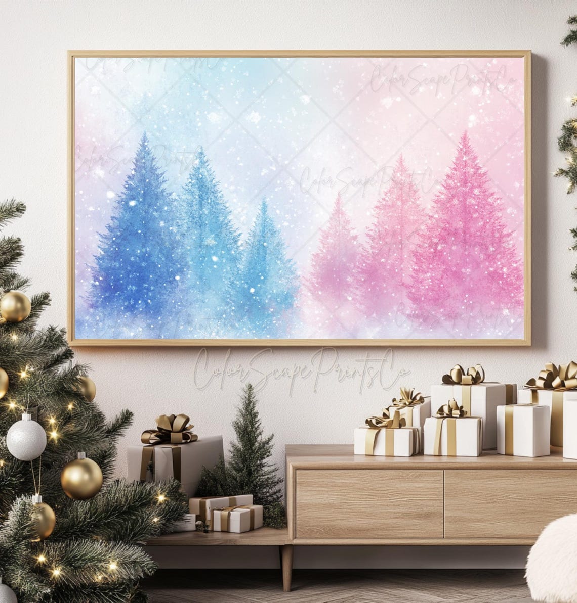 Pastel Ombre Blue Pink Pine Trees Snowy Forest Watercolor Poster - Image 3