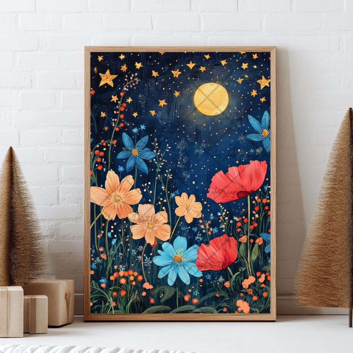 Golden Stars and Moon Over Colorful Wildflowers Night Sky Poster - Image 2