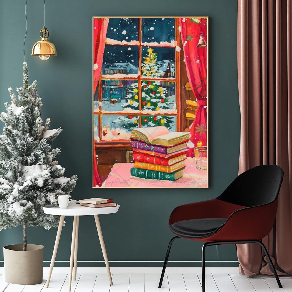 Christmas Reading Books Snowy Window Tree Cozy Holiday Poster - Image 4