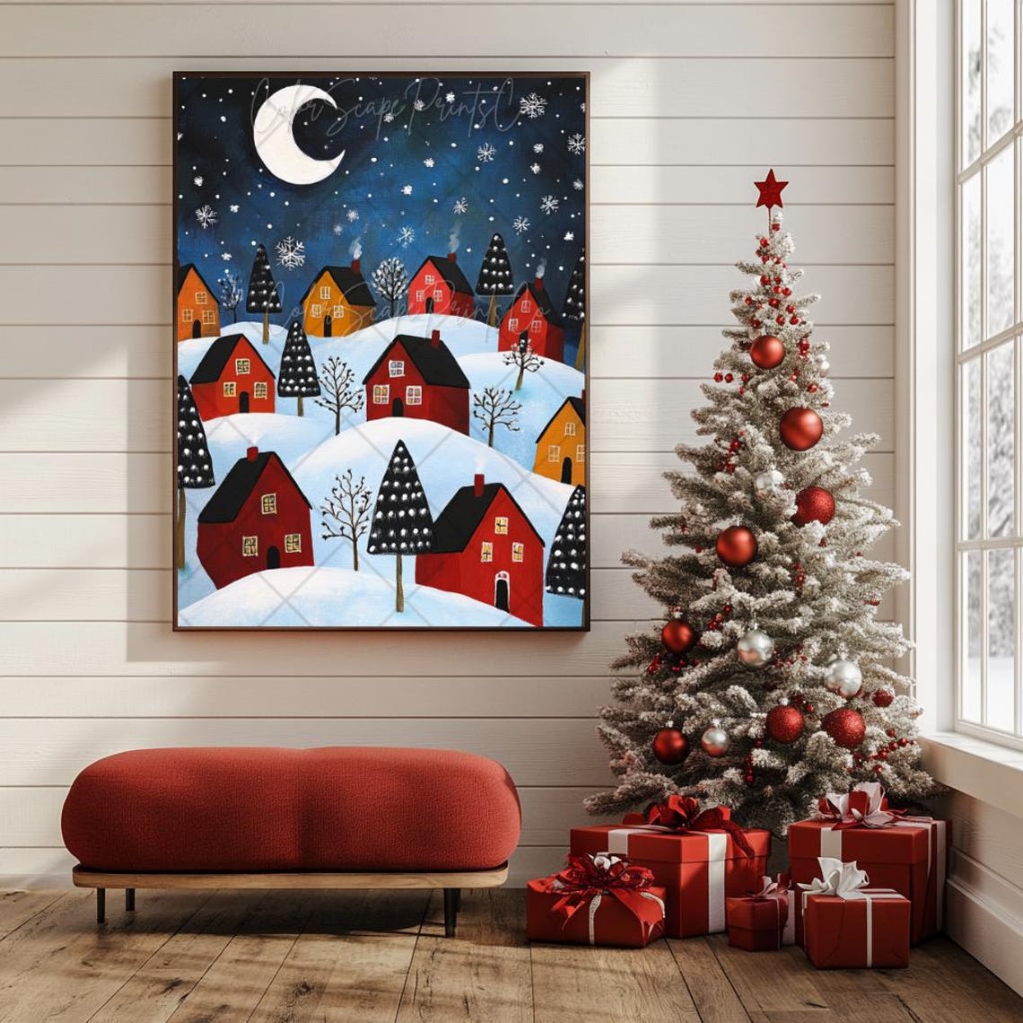 Folk Art Red Houses on Snowy Hills Under Crescent Moon Night Poster - Image 4