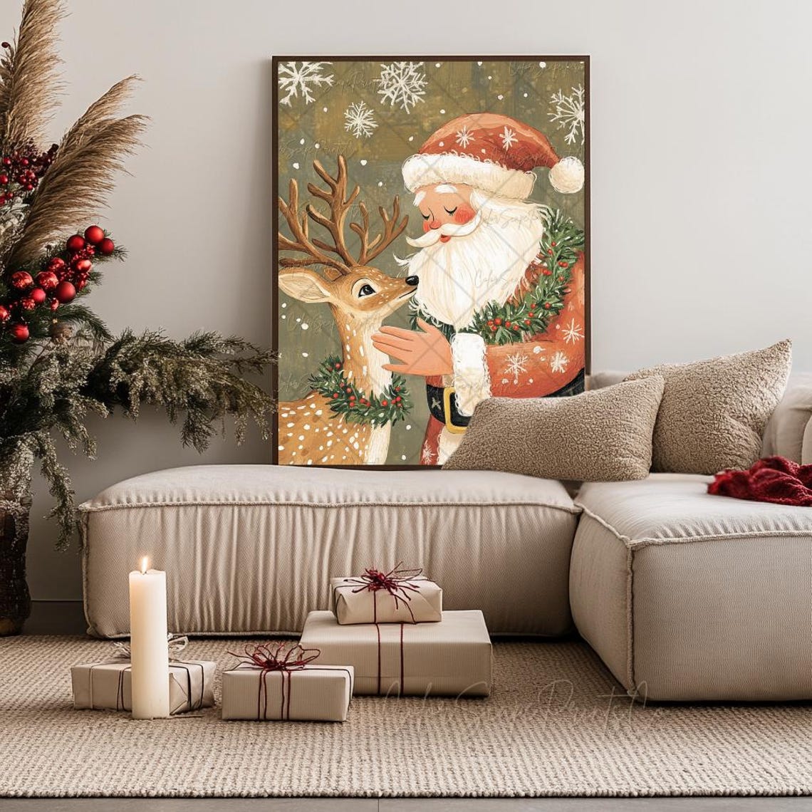 Santa Claus and Reindeer Nose to Nose Snowy Christmas Moment Poster - Image 2