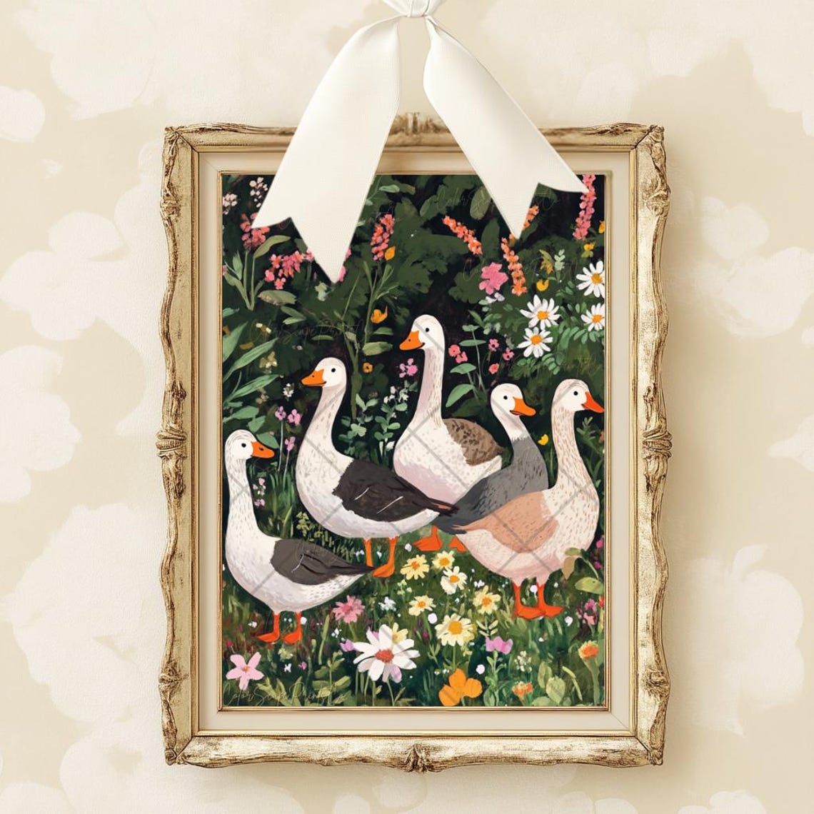 Five Cute Geese Walking Through a Flower Garden Farmhouse Poster - Image 4