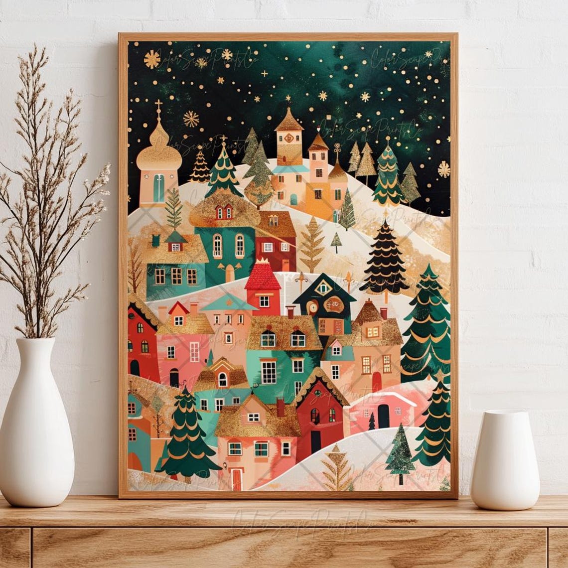 Whimsical Snowy Christmas Village Golden Night Sky Folk Art Poster - Image 4