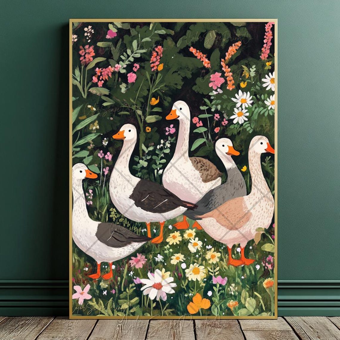 Five Cute Geese Walking Through a Flower Garden Farmhouse Poster - Image 2