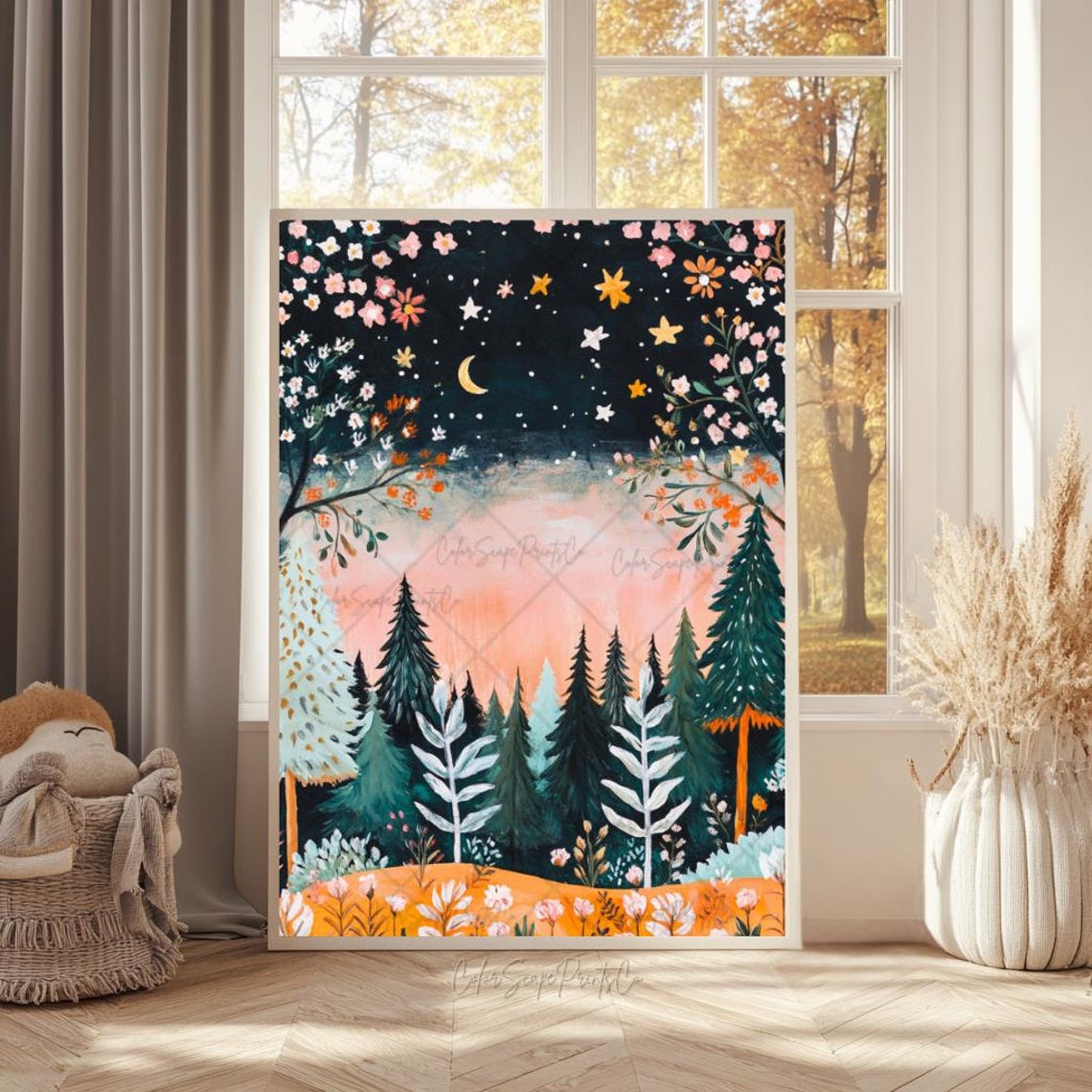 Moonlit Pine Forest Painting Crescent Moon Starry Night Wall Art - Image 2