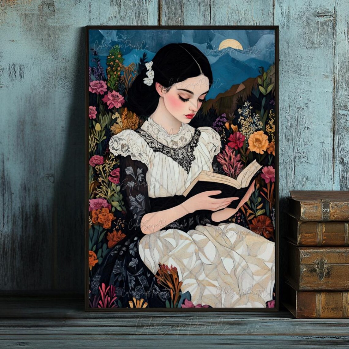 Victorian Woman Reading in Moonlit Flower Garden Dark Floral Poster - Image 2