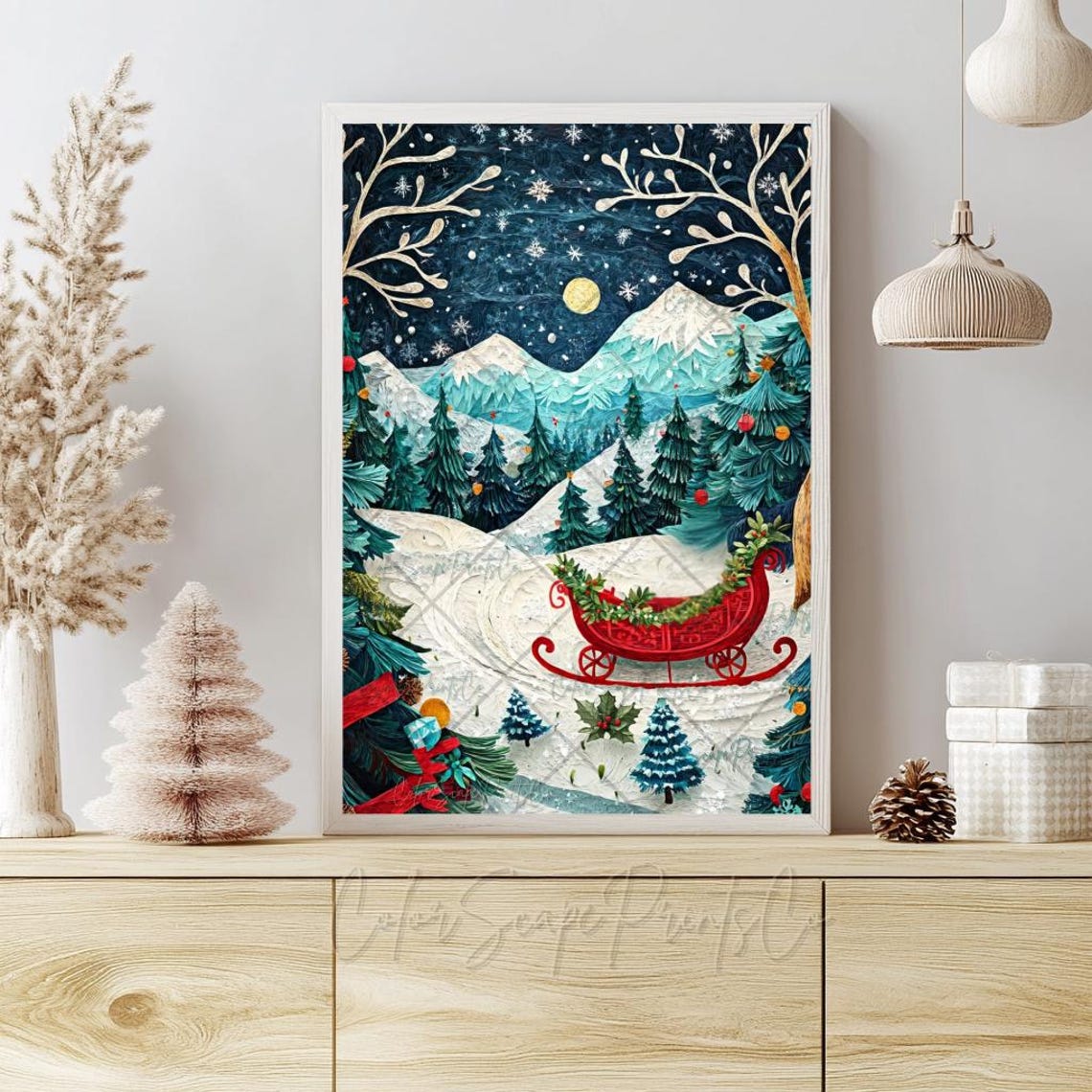 Red Sleigh in Snowy Moonlit Forest Textured Christmas Night Poster - Image 3