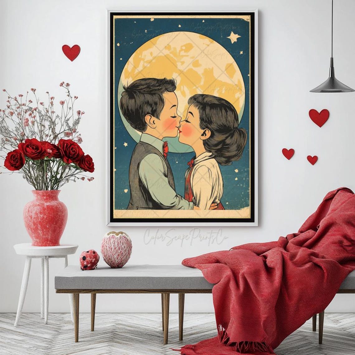 Vintage Retro Couple Kissing Under a Full Moon Night Sky Poster - Image 2