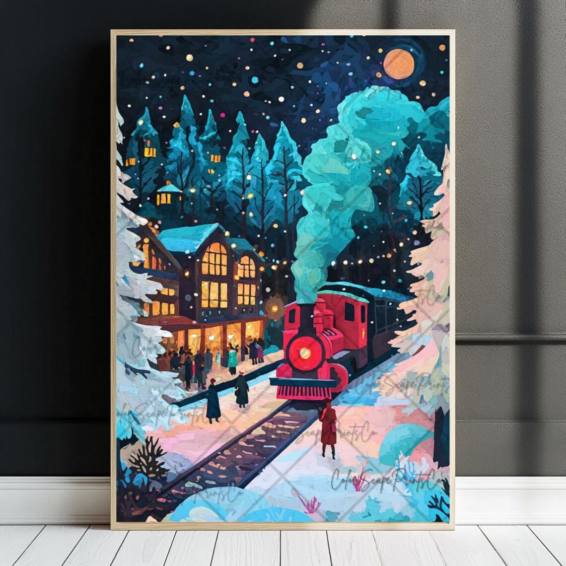 Christmas Train Holiday Poster, Snowy Railroad Print