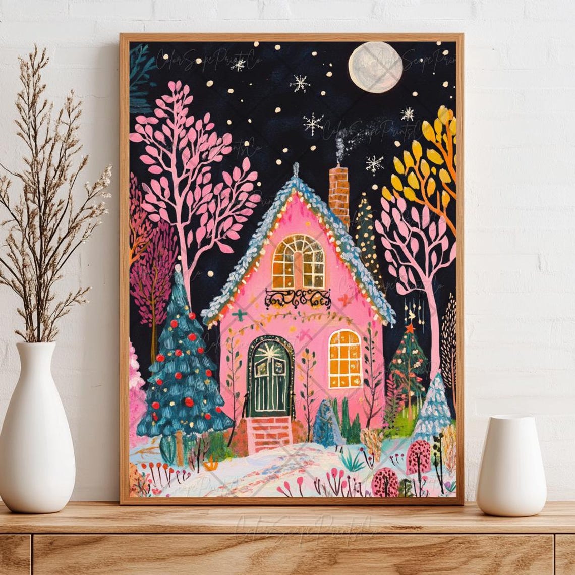 Pink Christmas House Print Winter Village Holiday Houses Decor Winter Garden Print Snowy House Print Pink Christmas Wall Art Cozy Winter Art - Image 4