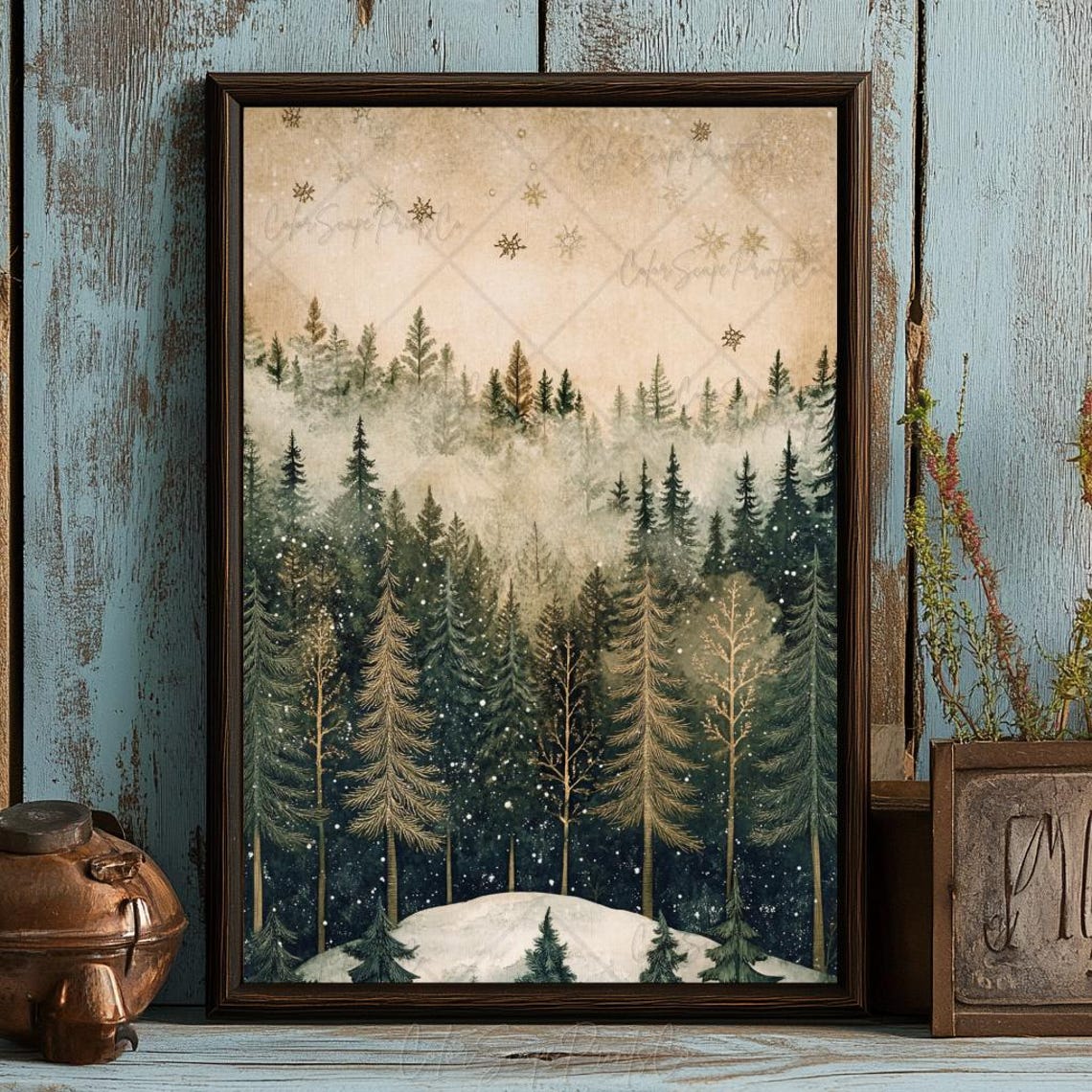 Golden Snowy Evergreen Forest Watercolor Winter Landscape Poster - Image 3