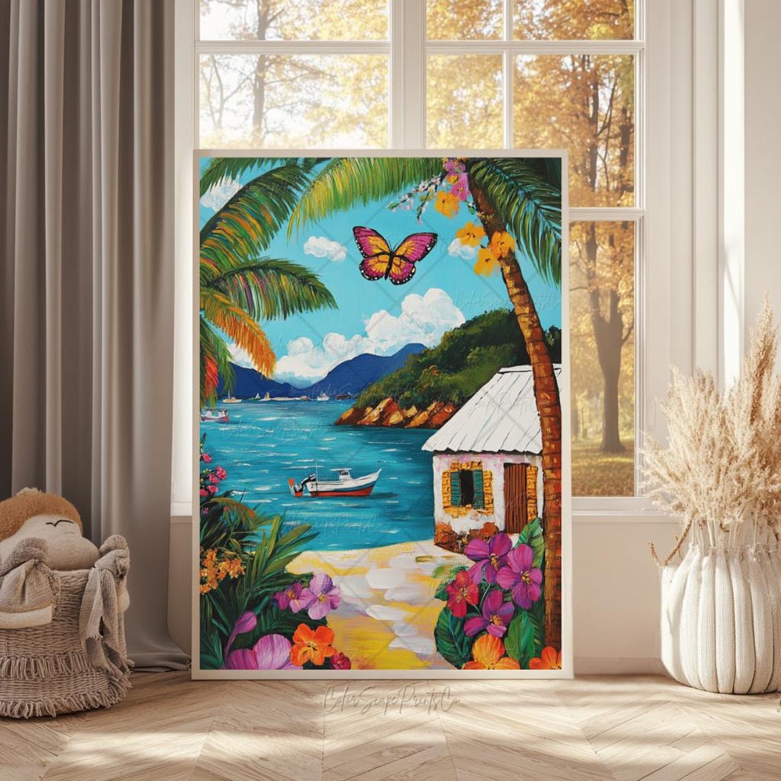 Tropical Beach Bay Painting Palm Butterfly Coastal Cottage Poster - Image 4