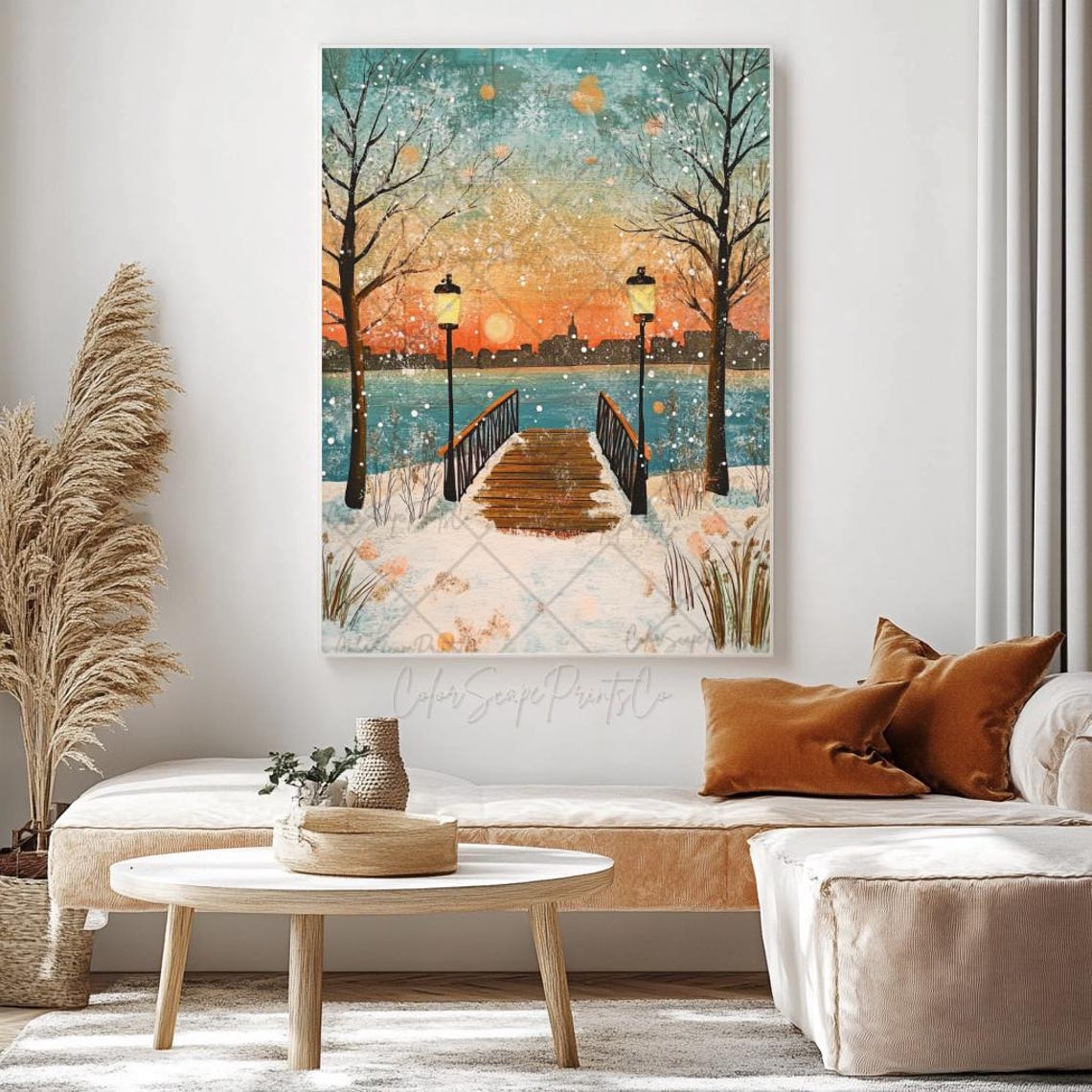 Snowy Boardwalk Sunset Lamp Posts City Skyline Winter Poster - Image 4