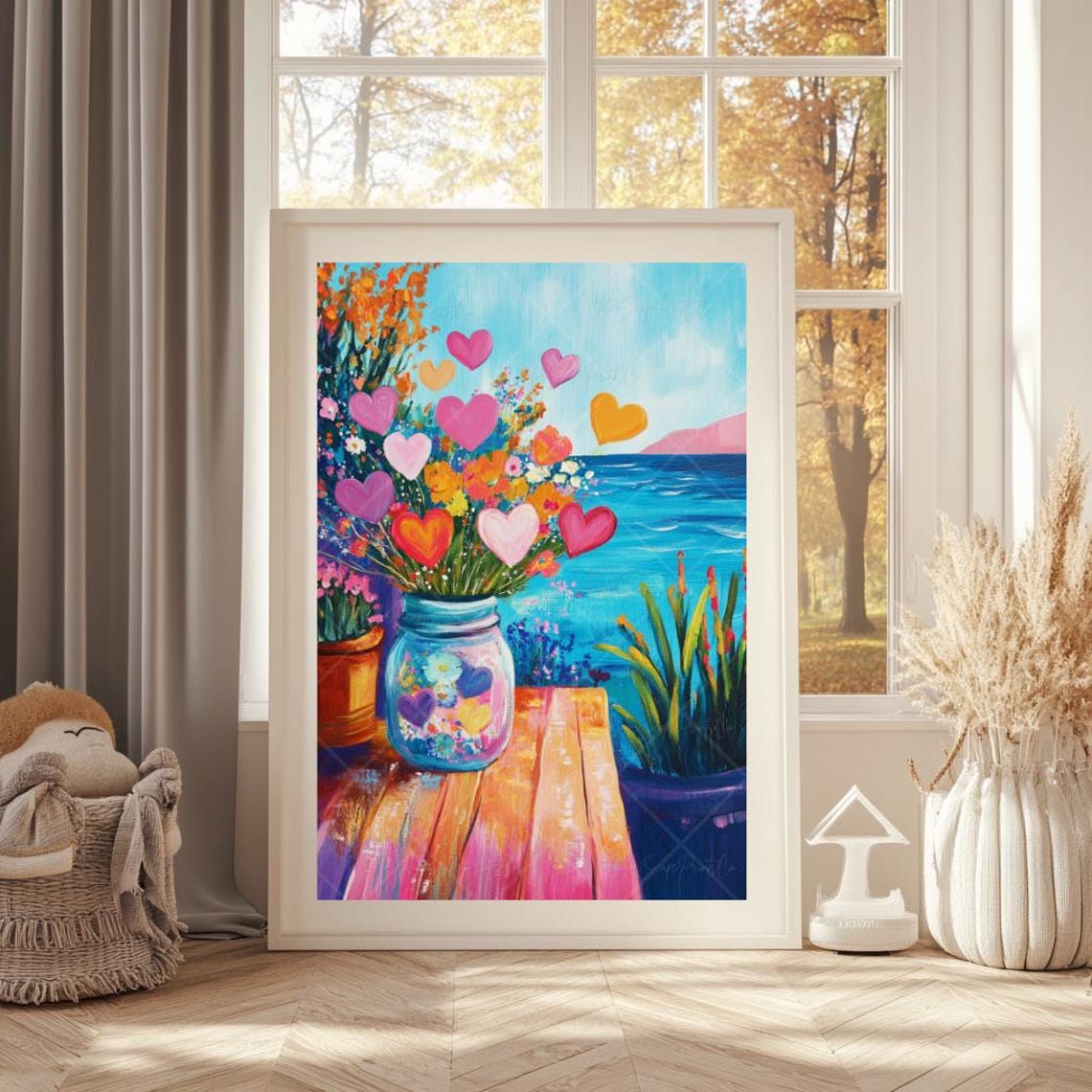 Heart Vase Painting Flower Vase Painting Colorful Valentines Day Print Romantic Painting Valentine Bouquet Print Vibrant Landscape Painting - Image 3