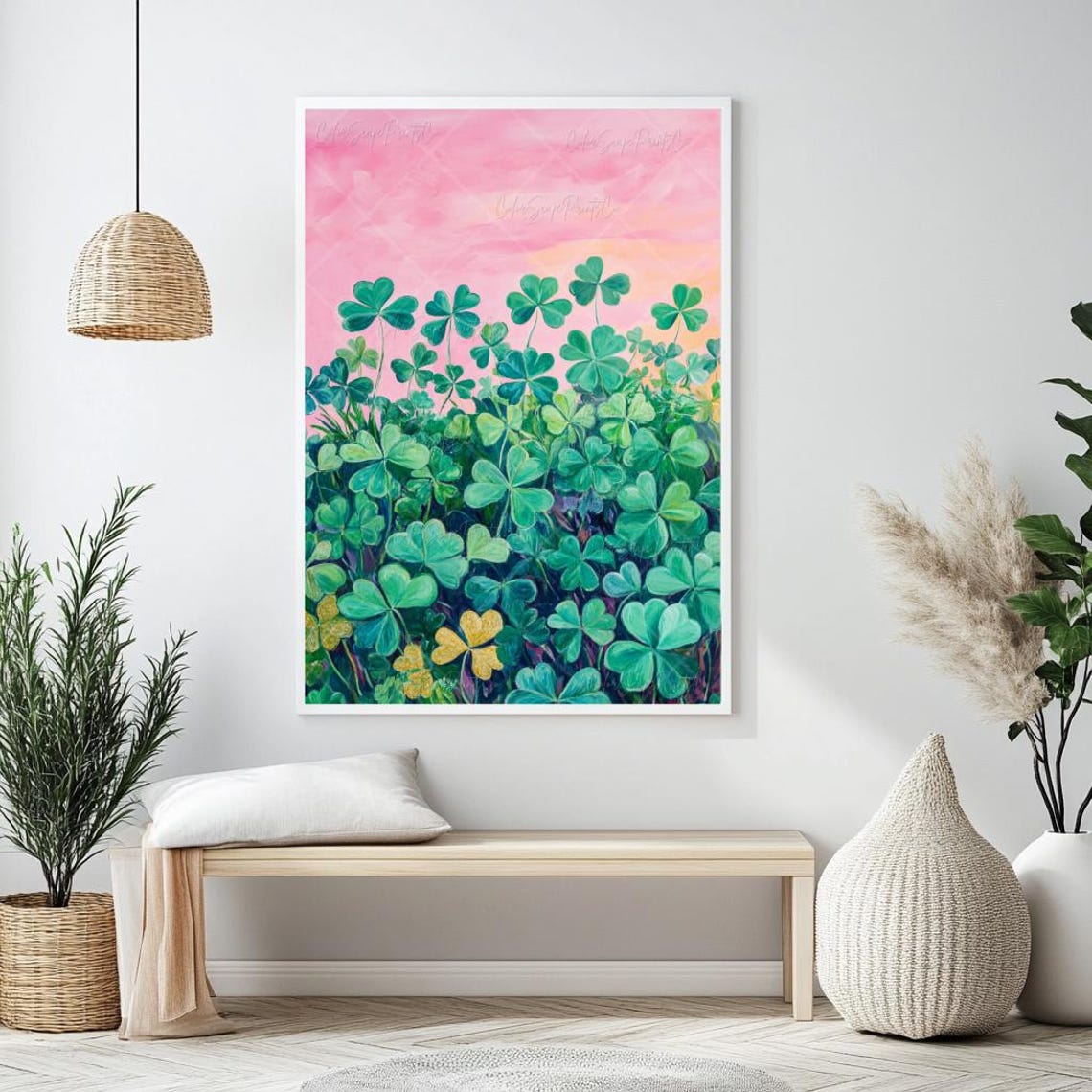Shamrock Clover Field Painting Pink Sky Gold Lucky Green Wall Art - Image 2