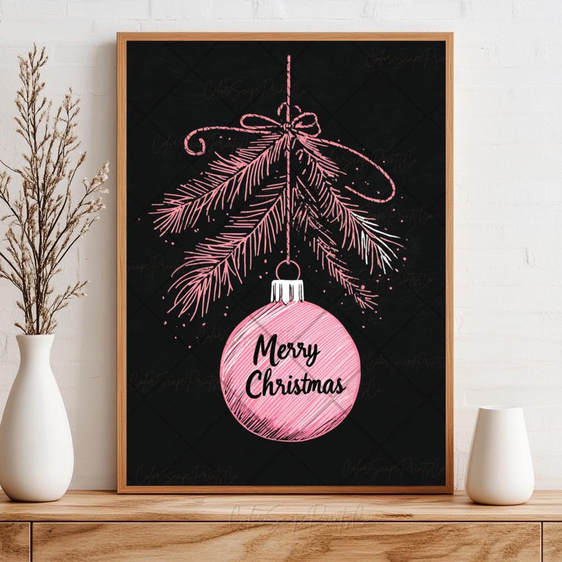Pink Merry Christmas Ornament on Black Chalk Style Holiday Poster - Image 3