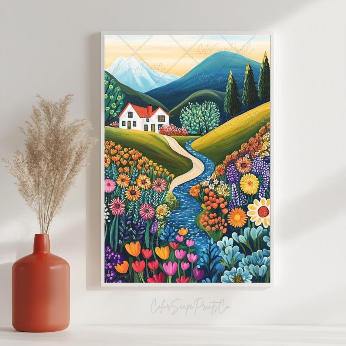 Mountain Stream Through Wildflower Meadow Cottage Scene Poster - Image 4
