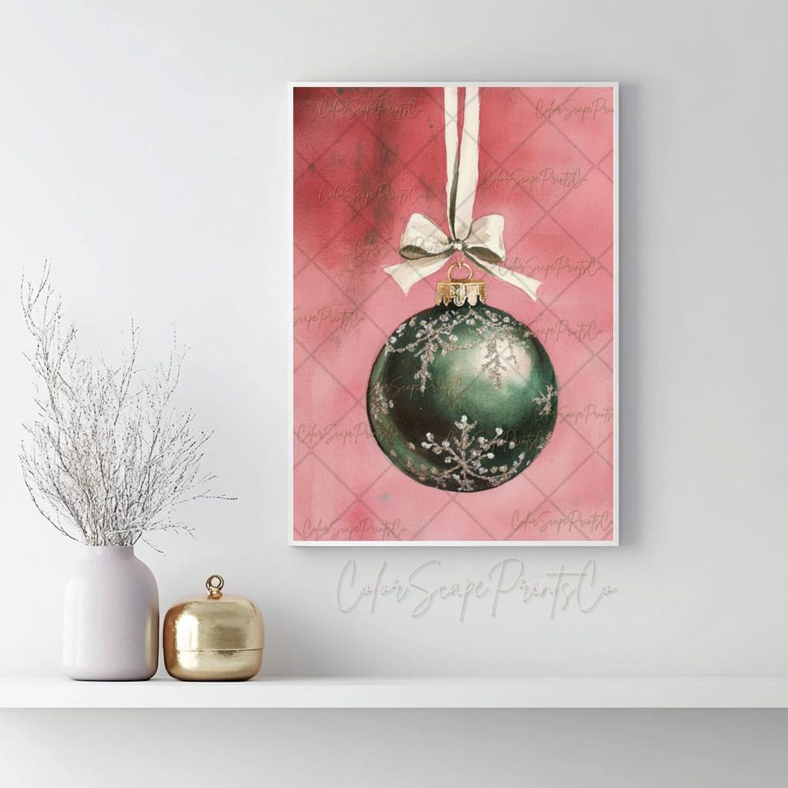 Sage Green Christmas Bauble Ornament Pink Watercolor Poster Art - Image 2