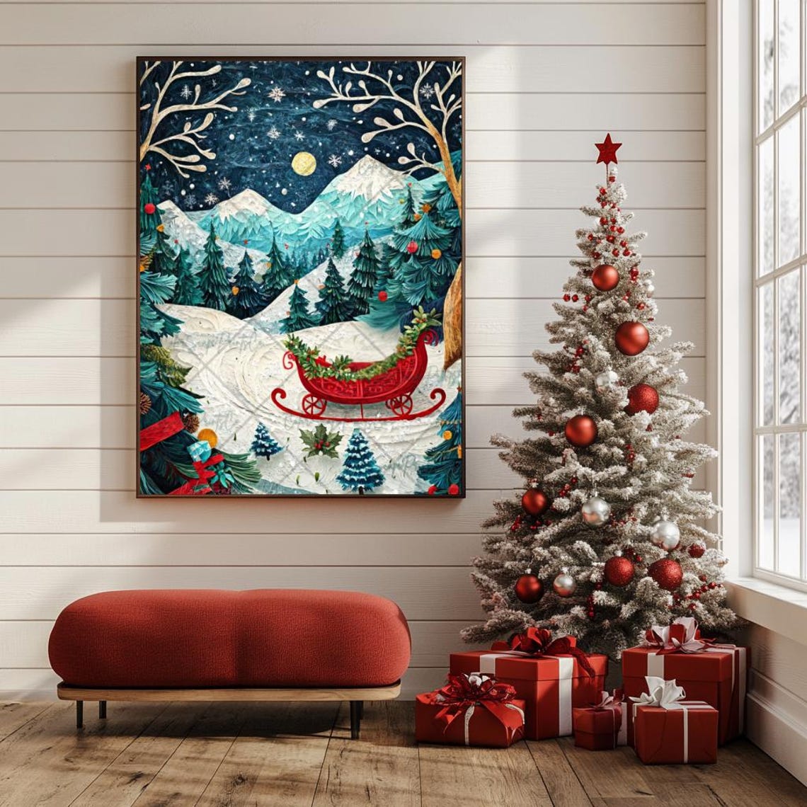 Red Sleigh in Snowy Moonlit Forest Textured Christmas Night Poster - Image 2