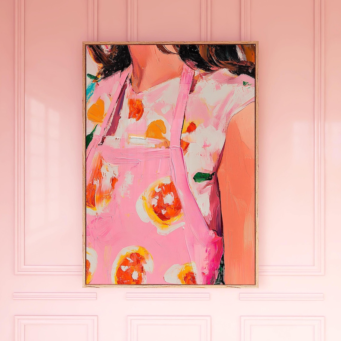 Girl in Pink Citrus Apron Painterly Kitchen Illustration Art Poster