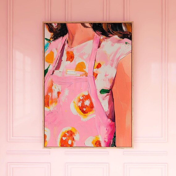 Girl in Pink Citrus Apron Painterly Kitchen Illustration Art Poster
