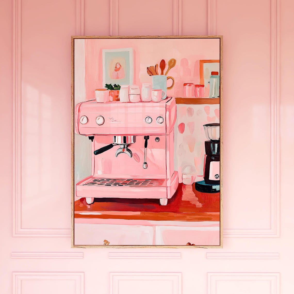 Cute Pink Espresso Machine Cozy Retro Kitchen Painting Wall Art