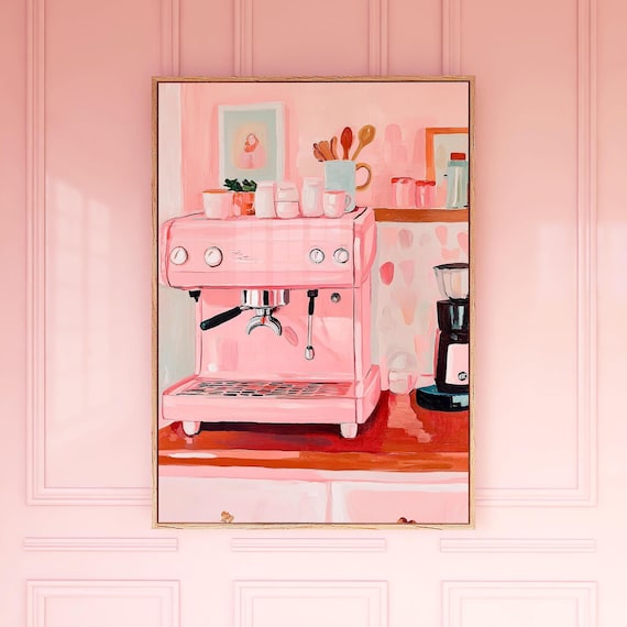 Cute Pink Espresso Machine Cozy Retro Kitchen Painting Wall Art