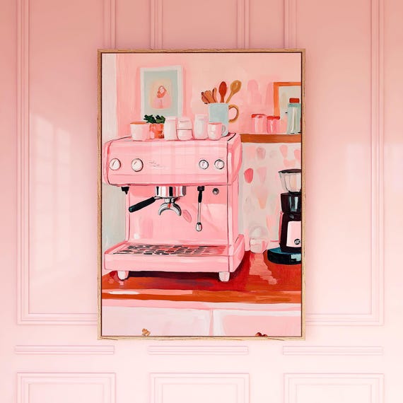 Pink Coffee Machine Wall Art Print Feminine Girly Kitchen Poster Fun Cafe Style Home Decor Bon Apptit Collection
