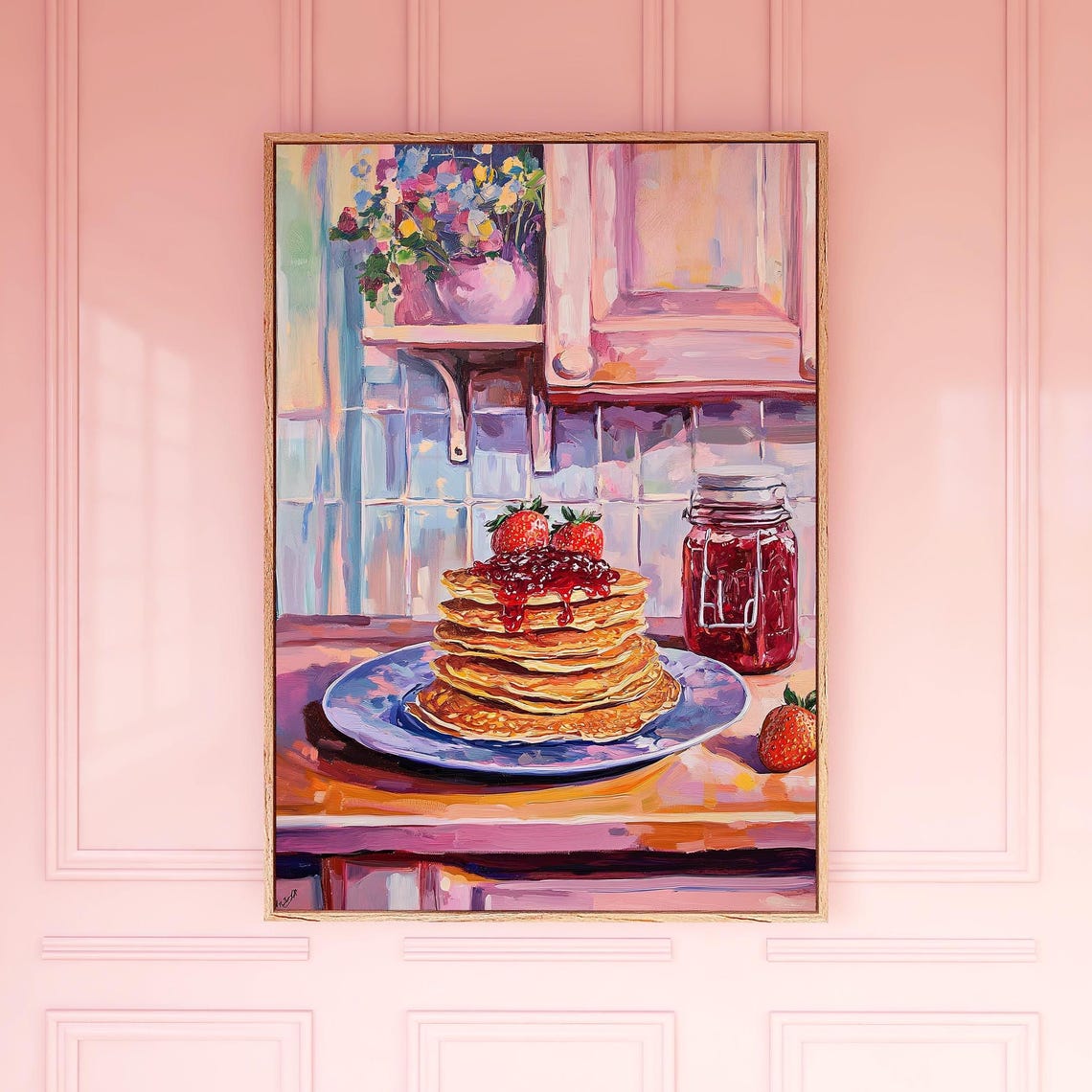 Pancake Stack with Strawberries Cozy Kitchen Art Poster Gift