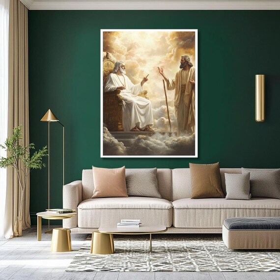 God and Jesus Meeting in Heaven Among the Golden Clouds Poster