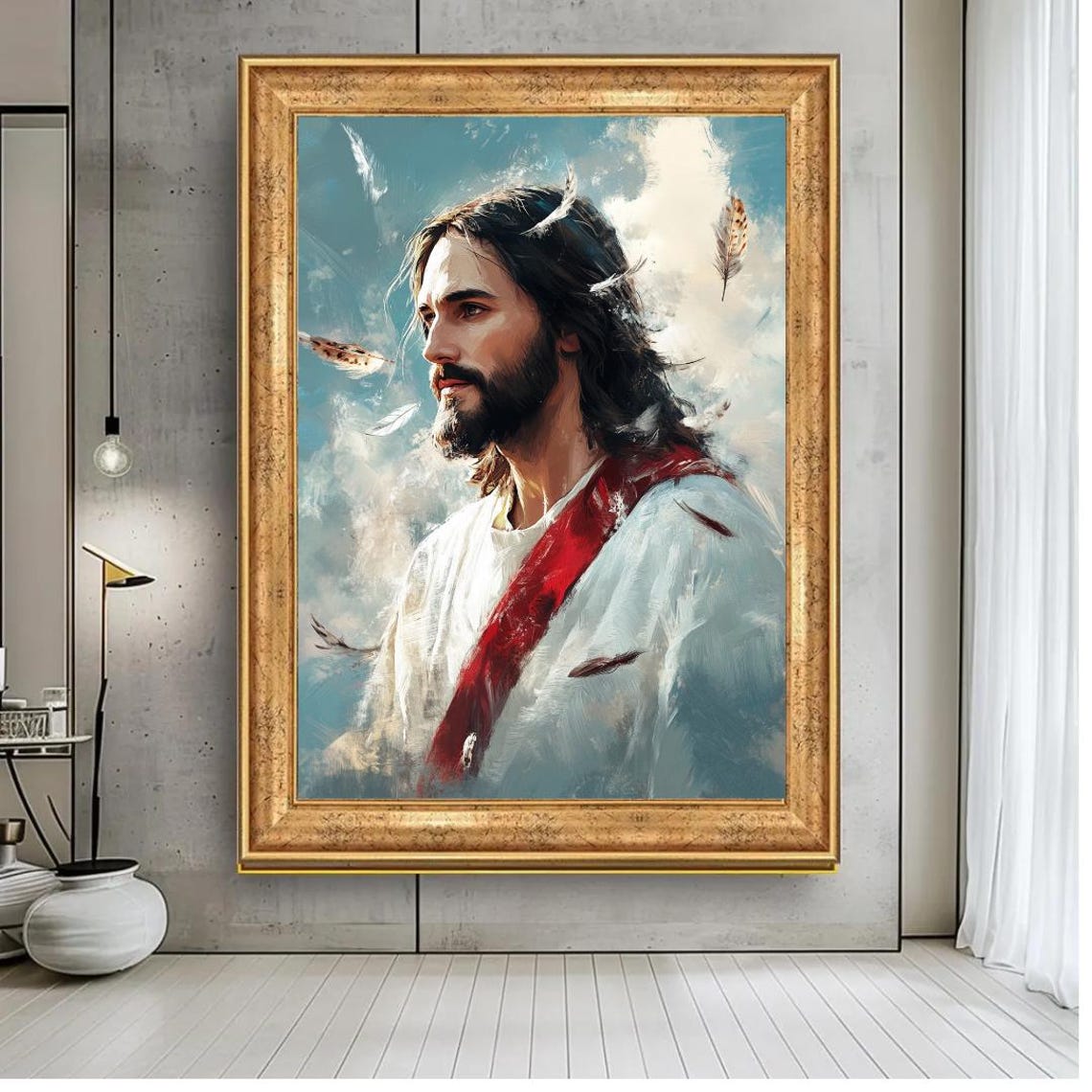 Jesus Portrait with Red Sash and Floating Feathers Painterly Poster - Image 2