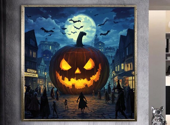 Giant Jack O Lantern in Haunted Town Square Under Full Moon Poster