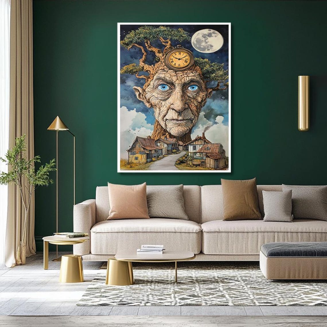 Whimsical Tree Spirit Art Enchanted Face With Clock And Village Scene Fantasy Wall Decor For Imaginative Spaces - Image 2