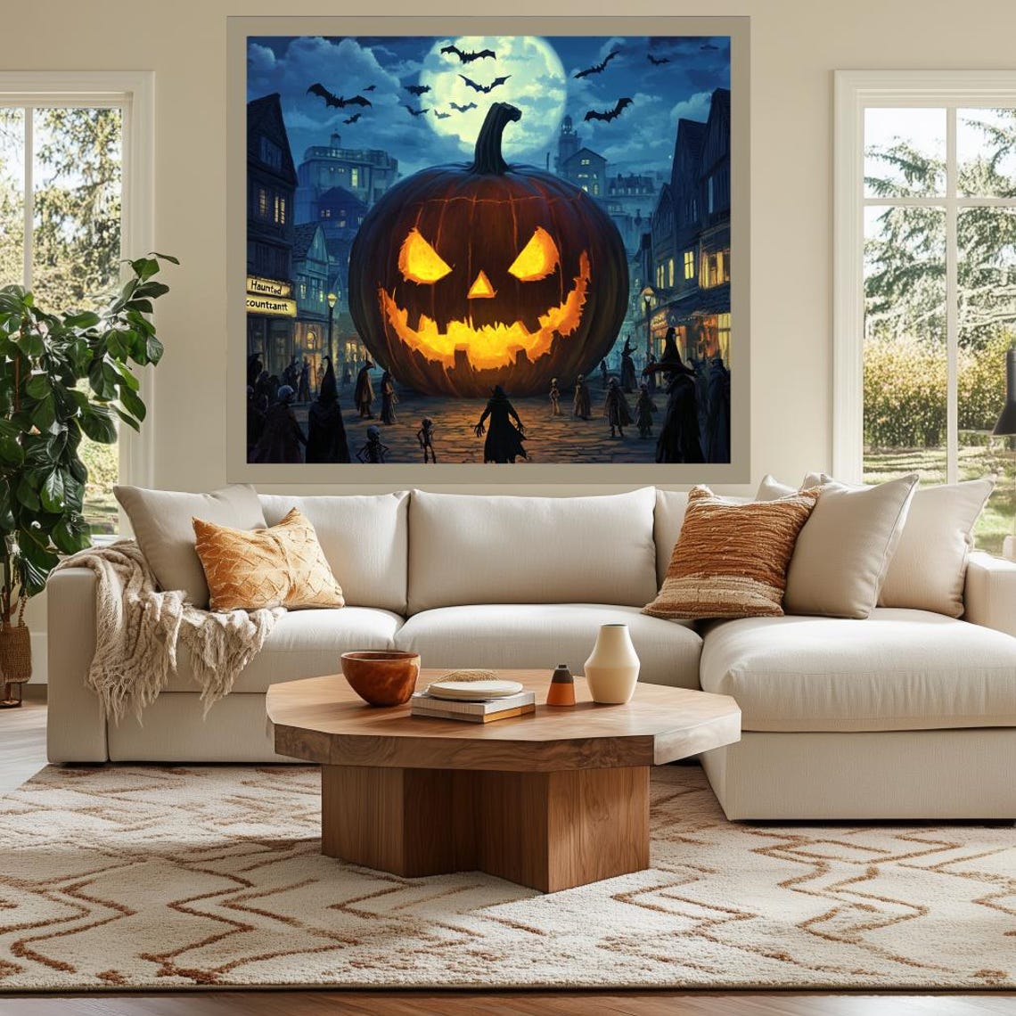 Giant Jack O Lantern in Haunted Town Square Under Full Moon Poster - Image 3