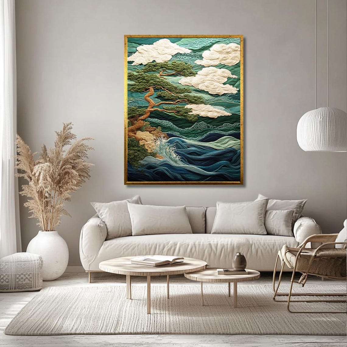 Japanese Pine Tree Over Stylized Teal Ocean Waves Art Poster - Image 3