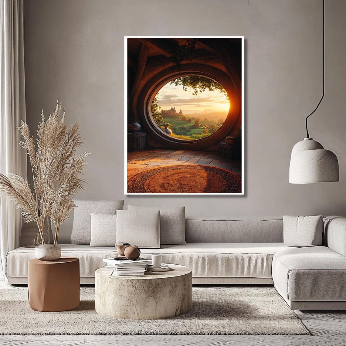 Enchanting Hobbit Hole Window Art Fantasy Landscape With Cozy Interior And Sunset View Whimsical Wall Decor For Nature Lovers - Image 2